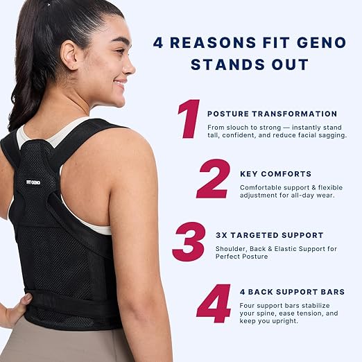 Fit Geno Back Brace Posture Corrector for Women and Men, Shoulder Straightener, Adjustable Full Back Support, Upper and Lower Back Pain Relief - Scoliosis, Hunchback, Hump, Thoracic, Spine Corrector