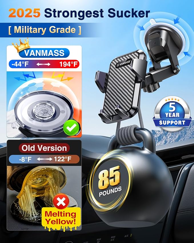 VANMASS【85+LBS Strongest Suction & Military-Grade Ultimate Car Phone Mount【Patent & Safety Certs】 Cell Phone Holder Truck for Dashboard Windshield Vent for iPhone 17 Pro Max 16 15 for Samsung