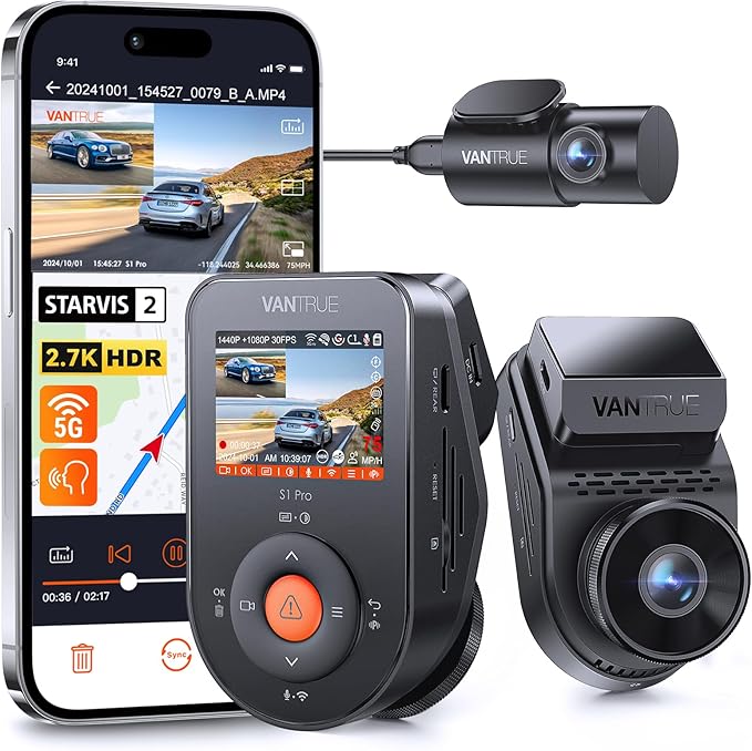 Vantrue S1 Pro AI Dash Cam Front and Rear, Dual 1440P Dash Camera w/2.7K, STARVIS 2, HDR Night Vision, 5G WiFi, 60FPS, GPS, Voice Control,24/7 Parking Mode, Support 512GB Max