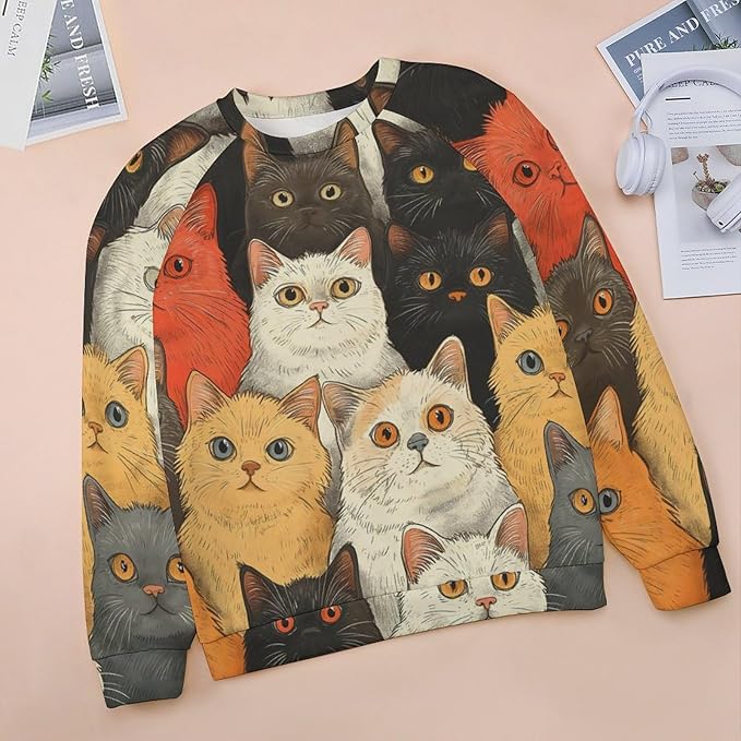 Fall Sweaters for Women 2024 Cat Print Long Sleeve Casual Crewneck Warm Fall Pullover Comfy Fashion Sweatshirts