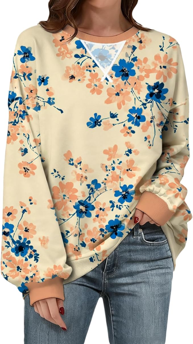 Womens Sweatshirts Fahsion Floral Print Long Sleeve Comfy Fall Tops Oversized Casual Crewneck Pullover Shirts