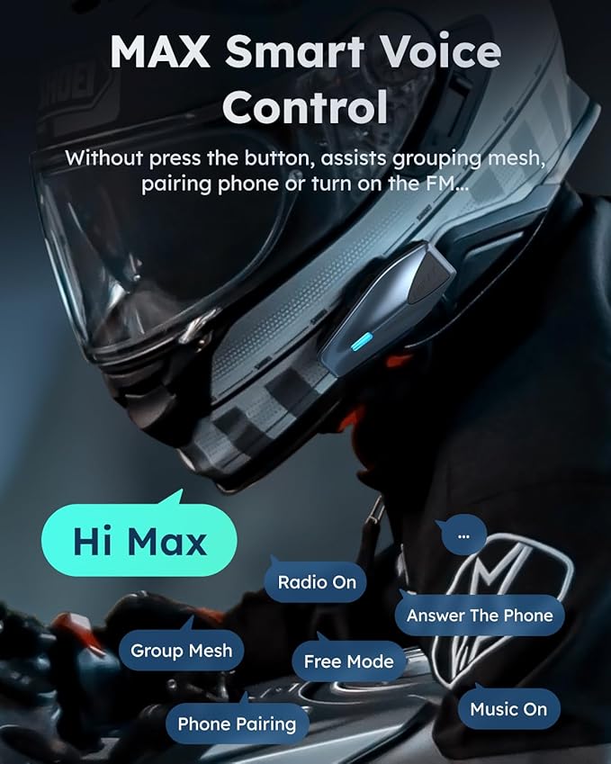 S1 Motorcycle Bluetooth Headset, Mesh Helmet Communication System, Smart Voice Control/Noise Cancellation/Waterproof/FOTA Update, 8 Riders FM Radio Intercom Fit for Snowmobile/ATV, 2 Pack(Blue)