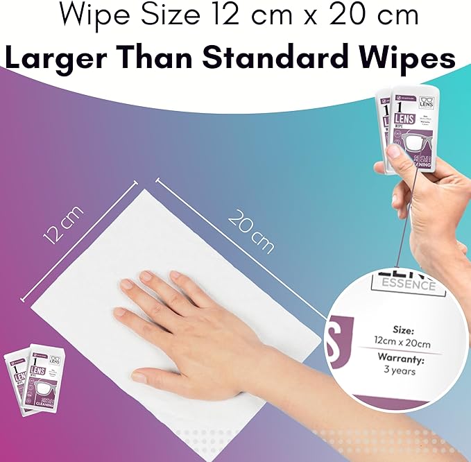 Eye Glasses Cleaner Wipes - Lens Wipes for Eyeglasses - Individually Wrapped Wipes - Multipurpose Cleaner for Cameras and Sunglasses, 100 Count (12cm x 20cm)