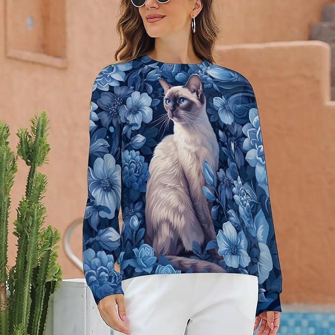 Sweatshirt for Women Cat Print Fashion Funny Plus Size Ladies Dressy Crewneck Casual Trendy Tee Shirts