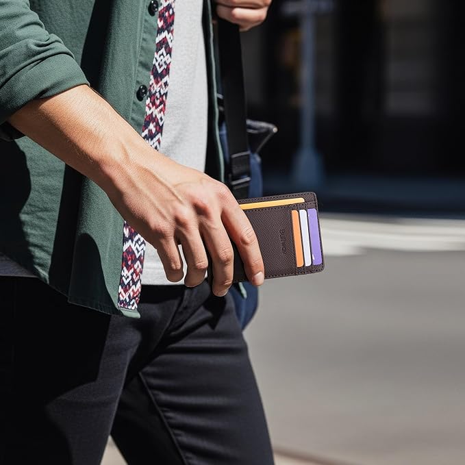 Buffway Slim Minimalist Front Pocket RFID Blocking Leather Wallets for Men and Women - Galaxy Coffee