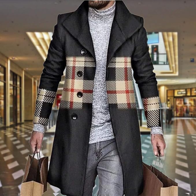 Men's Plaid Long Trench Coat Mid - Length Lapel Collar Button Down Warm Overcoat for Winter & Autumn Fashion