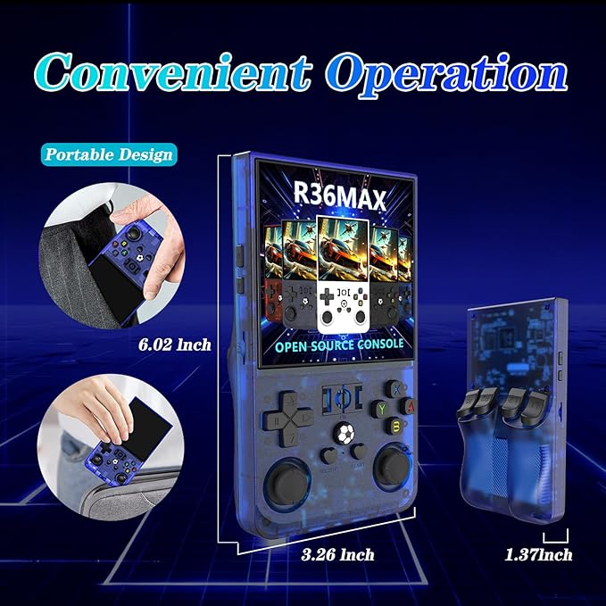 R36MAX 4000mAh Portable Rechargeable Handheld Retro Game Console,Comfort Non-Slip Handheld Standing Retro Game Console with 64G TF Car,4.0-inch Screen,for Office,Blue