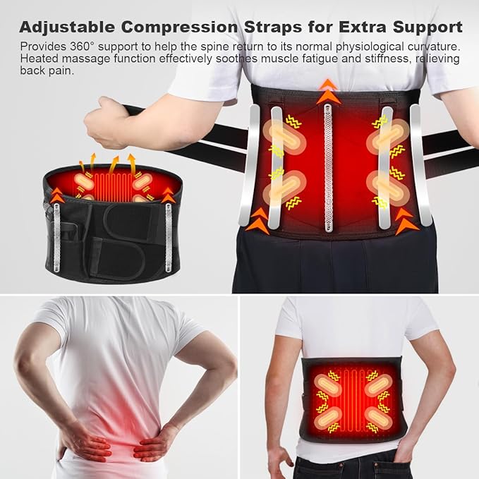 Cordless Heating Pad Back Massager Brace, Rechargeable Heated Back Brace and Massage Belt for Lower Back Pain Relief(M)