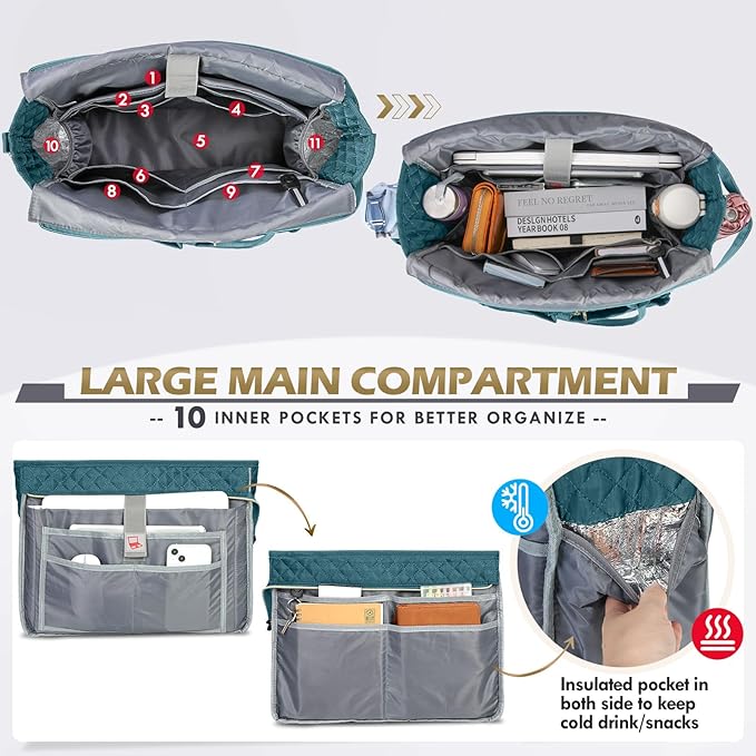 RAINSMORE Teacher Tote Bag 17.3 inch Laptop Bag for Women Work Bags Laptop Tote Nurse Bag Professional Computer Messenger with Insulated Pocket Briefcase, Teal