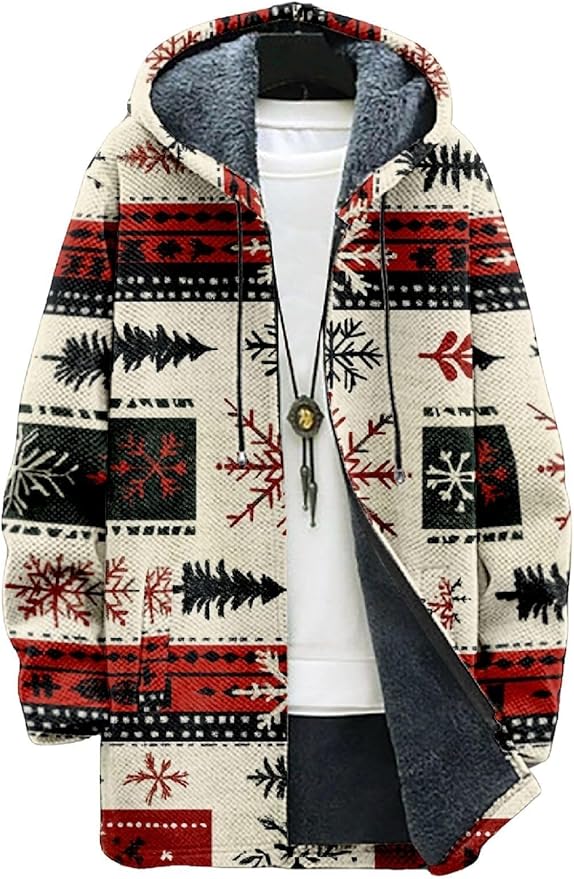 2025 Men's Ethnic Pattern Hooded Jacket Long Cardigan Hoodies Full Zip Vintage Knitted Zipper Coat with Pocket