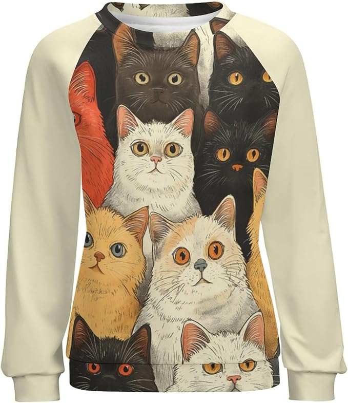 Long Sleeve Shirt Women Fall Cat Print Funny Hide Belly Vacation Plus Size Ladies Hippie Dressy Sweaters