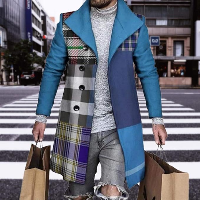 Men's Plaid Long Trench Coat Mid - Length Lapel Collar Button Down Warm Overcoat for Winter & Autumn Fashion
