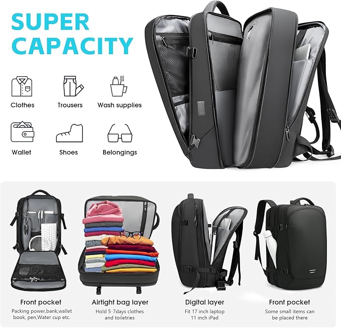 TANGCOLR Vacuum Travel Backpack with Pump for Men Women, 47L Expandable Vacpack Laptop Backpack Flight Approved with Vacuum Compression System