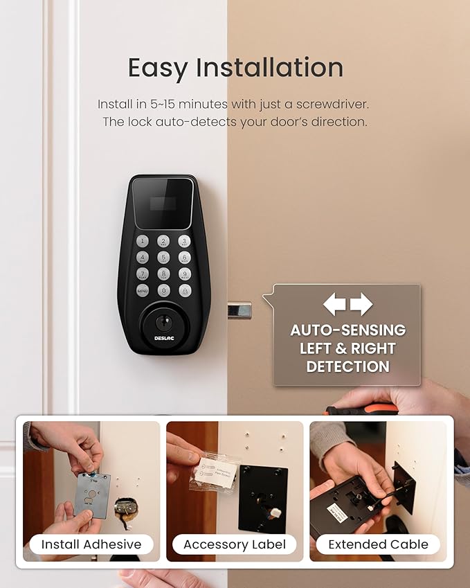 DESLOC C100 Keyless Entry Door Lock with Handle Set, Smart Deadbolt Lock for Front Door with 2 Keys, Auto Lock, 100 PIN Codes, Passage Mode, IP54 Waterproof, 12 Months Battery, Black
