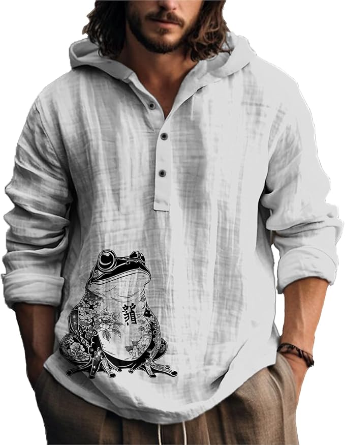 MARSVOVO Mens Japanese Art Long Sleeve Hooded Shirts Lightweight Quarter Button Hoodie Casual Cool Tops for Spring Fall