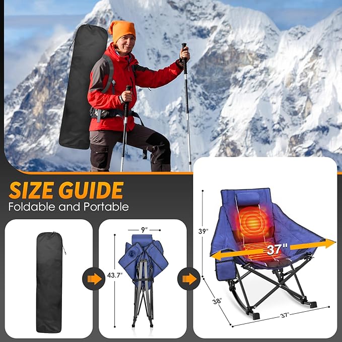 Suteck Heated Rocking Camping Chair - Fully Thicker Padded Heated Chairs for Outdoor Sports W/3 Heat Levels for Back & Seat, Heated Folding Chair for Adults with Carry Bag- Battery NOT Included