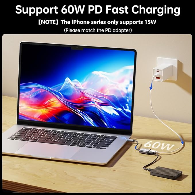 USB C to Dual USBC Headphone and Charger Adapter, USB C Splitter 1 in 2 Out Male to Female Audio Dongle Cable with 60W Fast Charging for iPhone 16/15, Samsung Galaxy S25/S24/S23