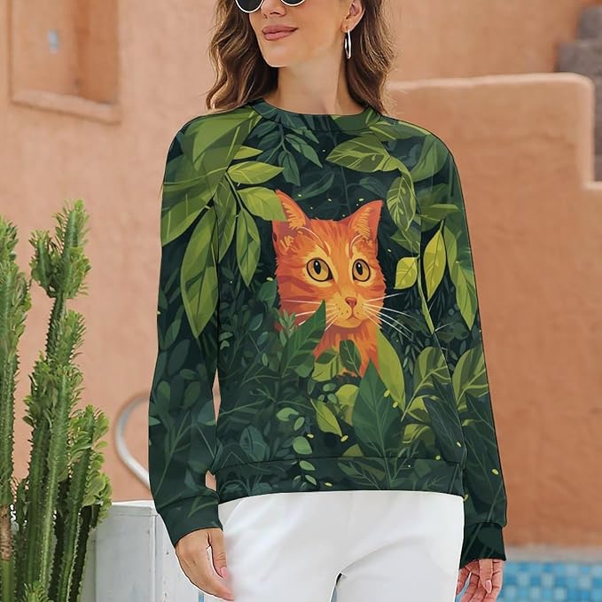Sweatshirt for Women Cat Print Fashion Funny Plus Size Ladies Dressy Crewneck Casual Trendy Tee Shirts