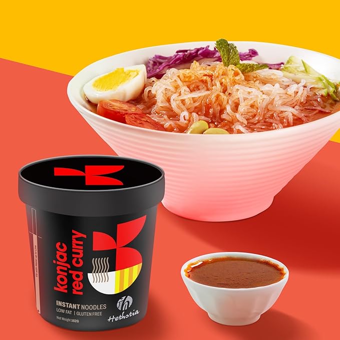 Hethstia Konjac Noodles Red Curry Soup Cups – 6-Pack Shirataki Angel Hair Pasta, Low Carb (4g), Instant Konjac Spicy Red Curry Broth, Gluten-Free, Low Sugar, Low Fat, Healthy Asian Ramen