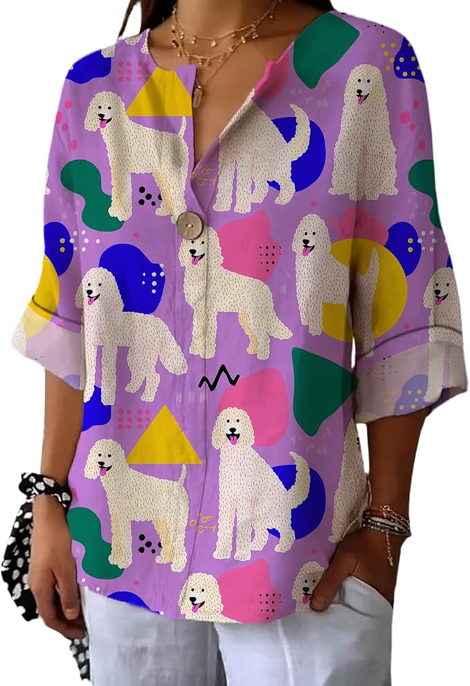 Fashion Shirts for Women Loose Fit Button Down V Neck Blouse 3/4 Sleeves Casual Tunic Tops Summer Outfits