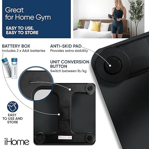 iHome Digital Scale, Bathroom Scale, Batteries Included, Scale Body Weight, Weight Scale, Bathroom Scales for Weight, Digital Scales for Body Weight (Black)