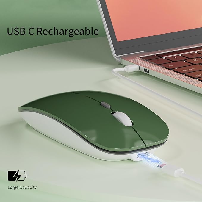 Uciefy Q5 Slim Rechargeable Wireless Mouse, 2.4G Portable Optical Silent Ultra Thin Wireless Computer Mouse with USB Receiver and Type C Adapter, Compatible with PC, Laptop, Desktop (Blackish Green)
