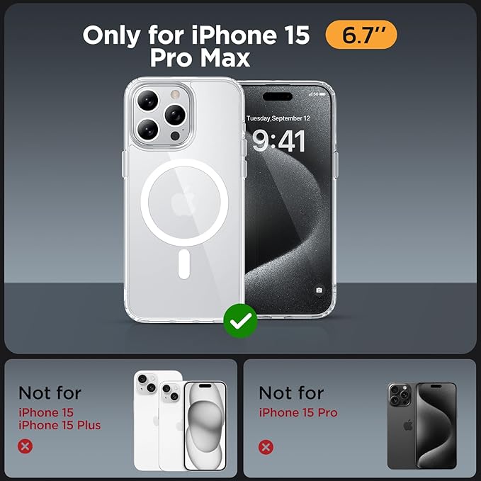 Miracase Magnetic for iPhone 15 Pro Max Case 6.7 inch (Compatible with MagSafe)（with 2X Screen Protectors） Military-Grade Protection, Anti-Fingerprint Translucent Matte Phone Cover, Clear