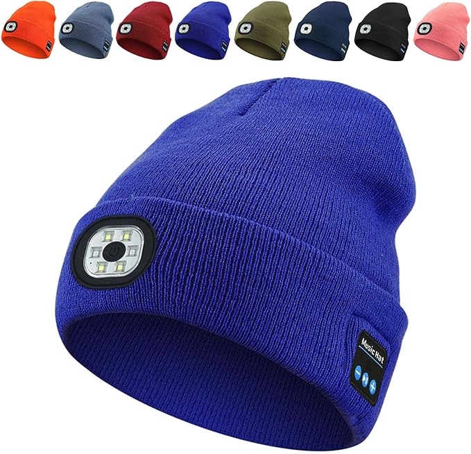 Bluetooth Beanie with LED Light & Removable Speakers, USB Rechargeable Bluetooth Beanie Hat with Light,for Men Husband Teen