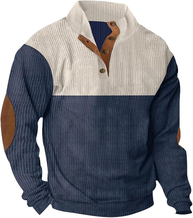 Men's Quarter Button Quilted Sweatshirt Classic Long Sleeve Elbow Patches Stand Collar Color Block Sweatshirts