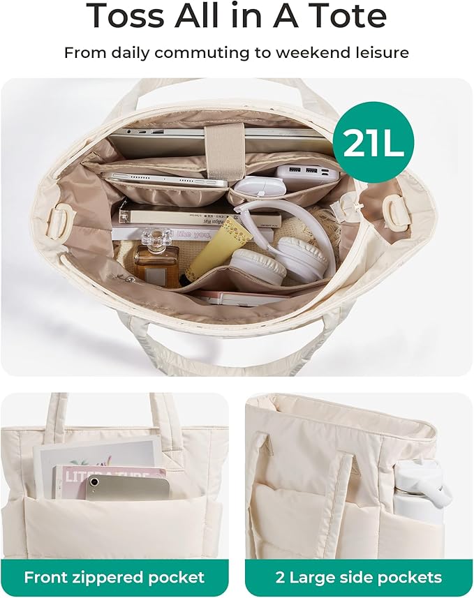 BAGSMART Tote Bag for Women, Lightweight Puffy Tote Bag with Compartments Shoulder Bag Handbag for Travel, Work, Gym | Puffy, Lightweight, for Travel, Quilted, Tote Bag with Compartments, Work