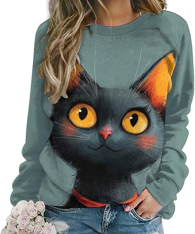 Long Sleeve Shirts for Women Cat Printed Fall Winter Dressy Holiday Casual Fashion Crewneck Tunic Tee Shirts