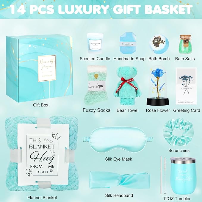 Birthday Gifts for Women, Gift Baskets for Women, Relaxing Spa Gifts Care Package with Luxury Flannel Blanket, Light-Up Rose Flower, Unique Mothers Day Gifts for Mom, Wife, Grandma, Sister, Friends