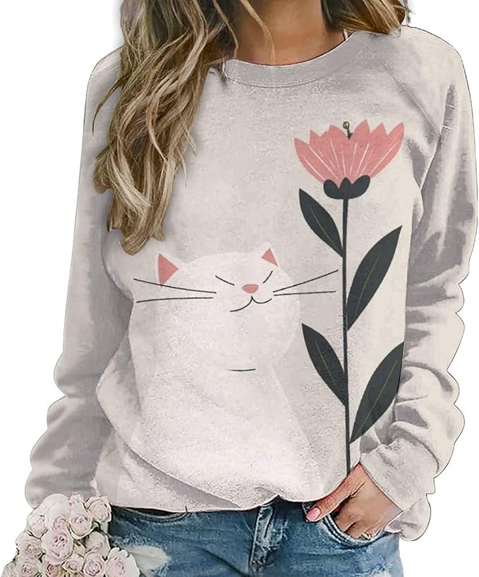 Long Sleeve Shirts for Women Cat Printed Fall Winter Dressy Holiday Casual Fashion Crewneck Tunic Tee Shirts