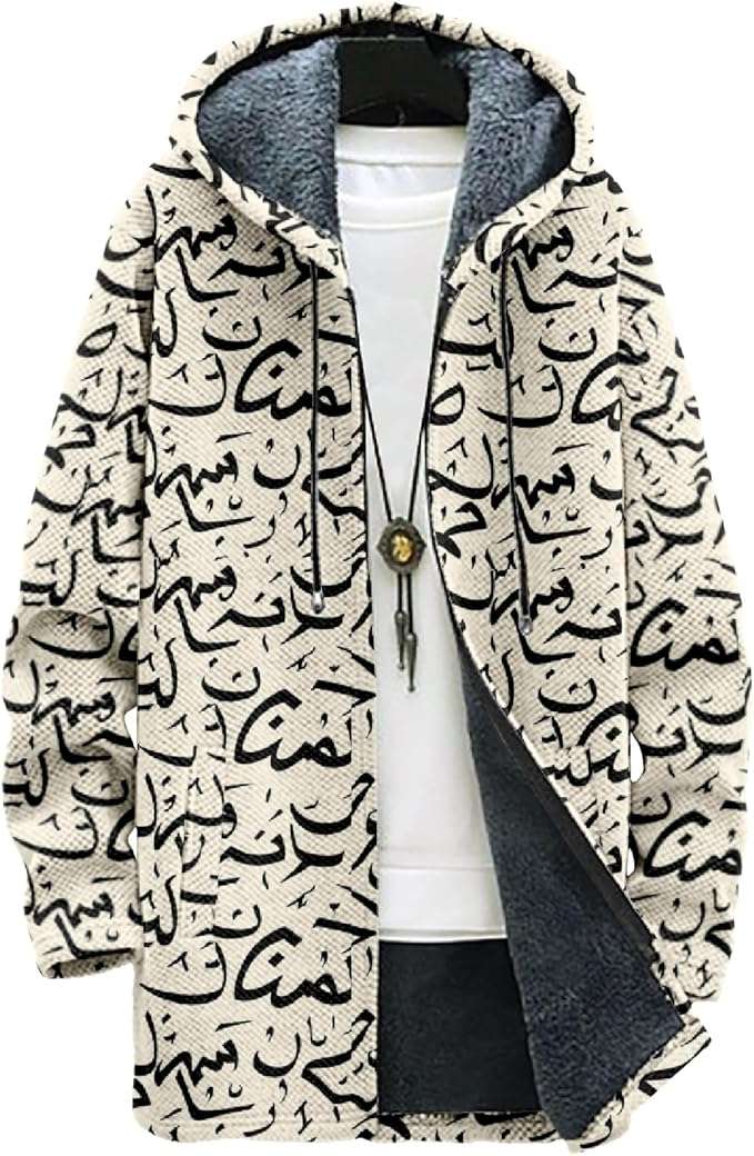 MARSVOVO Long Hooded Cardigan Men Japanese Art Style Fashion Cool Graphic Streetwear Winter Warm Lined Fleece Jacket