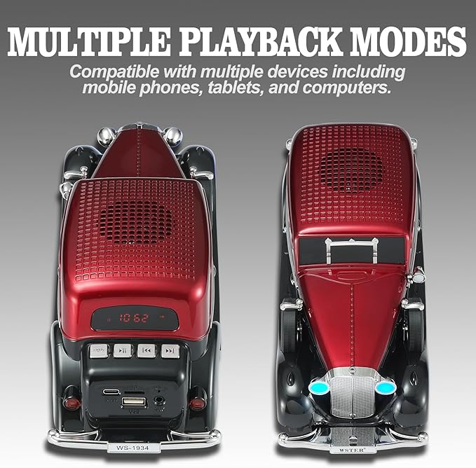 Vintage Car Bluetooth Speaker, Retro Classic Model with Powerful Sound, Built-in Mic, TWS Dual Pairing, Multi-Interface Output, Portable Wireless Outdoor Speaker for Parties & Beach (RED)