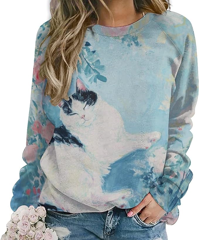 Sweatshirt for Women Cat Print Fashion Funny Plus Size Ladies Dressy Crewneck Casual Trendy Tee Shirts