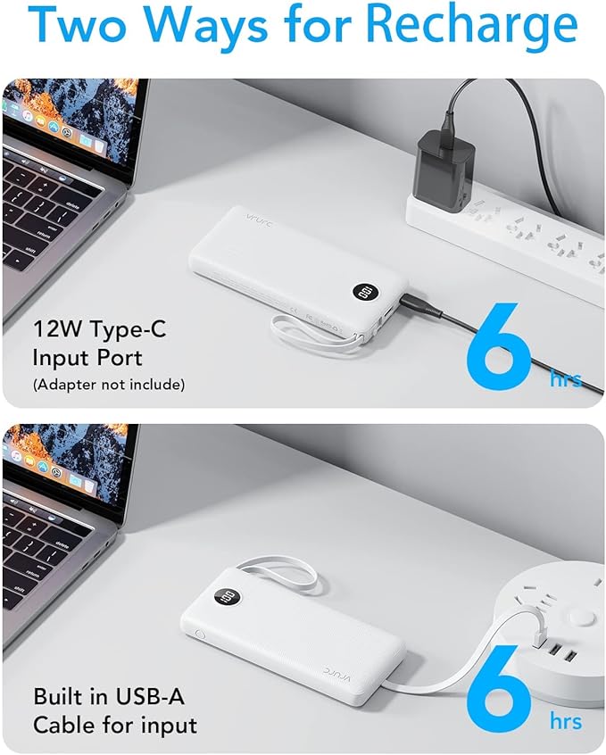 VRURC Portable Charger Power Bank, 10000mAh Travel Essentials Battery Pack, 5 Outputs 2 Inputs Slim Charing Bank Built-in Cables Cords Wires Compatible with iPhone,Samsung,Android-White(1 Pack)