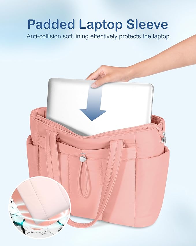 TOPDesign Puffy Tote Bag for Women with Cup Holder & Laptop Compartment & Cosmetic Bag & Trolley Sleeve for Work, Travel