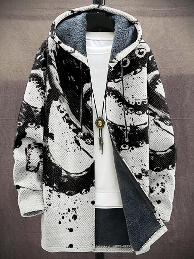 2025 Men's Ethnic Pattern Hooded Jacket Long Cardigan Hoodies Full Zip Vintage Knitted Zipper Coat with Pocket