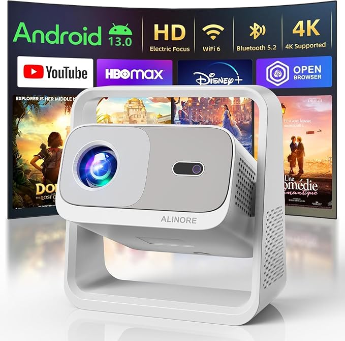 Smart Projector with WiFi and Bluetooth, Built-in Apps, Electric Focus & Auto Keystone Portable Outdoor Projecor, Native 1080P Projector 4K Support, Movie Projector for Home Theater (25000LM）