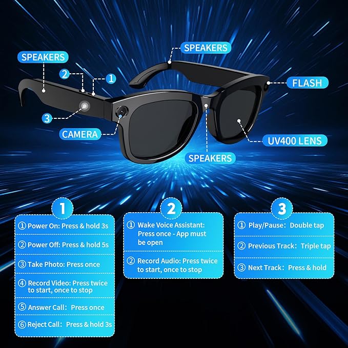 Al Smart Glasses with ChatGPT&800W Camera Video Recording,Sunglasses for Real-TimeTranslation, MusicControl, ElS Stabilization|WiFi/Bluetooth 5.3 Smart Eyewear for Travel, Meeting
