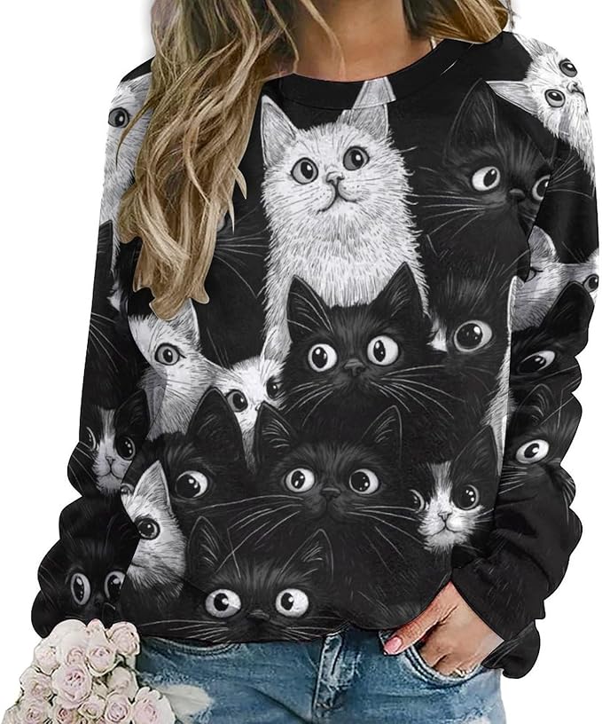 Fall Sweaters for Women 2024 Cat Print Long Sleeve Casual Crewneck Warm Fall Pullover Comfy Fashion Sweatshirts