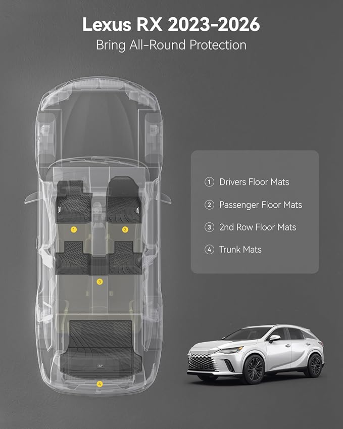 3W Floor Mats & Cargo Liner for Lexus RX/RX350/RX 350h/RX500h 2023-2025 2026, TPE All Weather Custom Fit Floor Liner & Trunk Mats 1st &2nd Rows Car Mats & Cargo Mat, Black(Not fit Lexus RX450h+ PHEV)