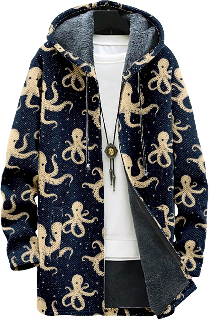 MARSVOVO Long Hooded Cardigan Men Japanese Art Style Fashion Cool Graphic Streetwear Winter Warm Lined Fleece Jacket