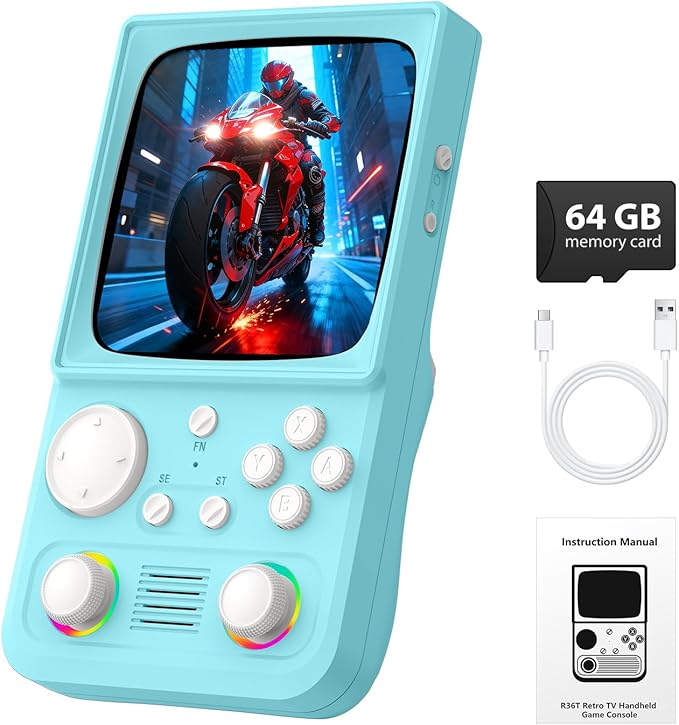 R36TMAX Retro Handheld Game Console, 4.0'' 720x720 IPS Screen, Open Source System, 64G Built-in 18000+ Classic Games, Supports WiFi Networked Fighting and OTG, 4000mAh, with Portable Case (Blue 64GB)
