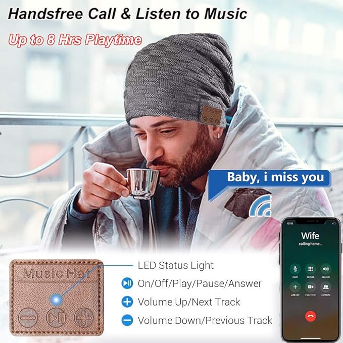 Wireless Hat Music Beanie with Headphones Smart Beanie Headset Winter Hats Warm Musical Cap 5.0 Headphone Built-in Mic Handsfree for Skiing Skateboarding Jogging for Men Women Boys Girls Dark Grey