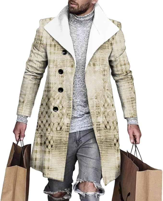 Men's Plaid Long Trench Coat Mid - Length Lapel Collar Button Down Warm Overcoat for Winter & Autumn Fashion