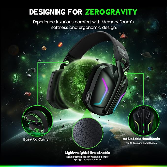 Wireless Gaming Headset for Xbox Series X|S, Xbox One, PS5, PS4, PC, Mac, Switch, 2.4GHz + Bluetooth Over-Ear Gaming Headphones with ENC Mic, 3D Stereo, Dynamic LED Lights, 50mm Drivers, 50H