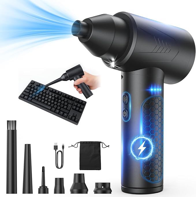 Electric Air Duster – 150000RPM Powerful Compressed Air Duster with LED Light, 3 Gears, 7500mAh Battery & Fast Charging, Rechargeable Air Blower for Computer, Keyboard, PC, Car, House & Outdoor