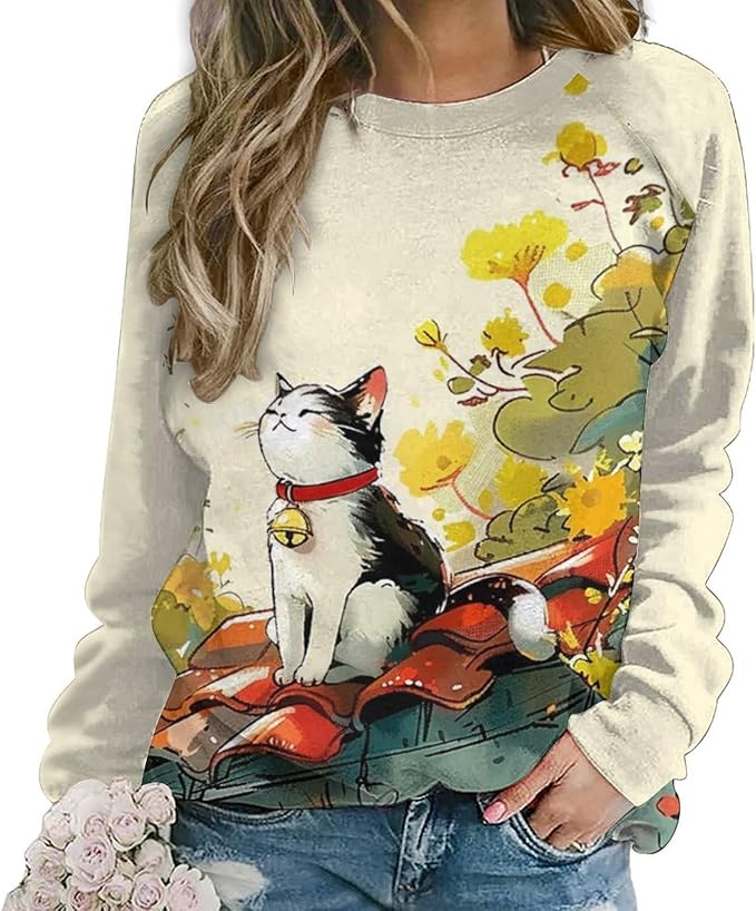 Long Sleeve Shirts for Women Cat Printed Fall Winter Dressy Holiday Casual Fashion Crewneck Tunic Tee Shirts